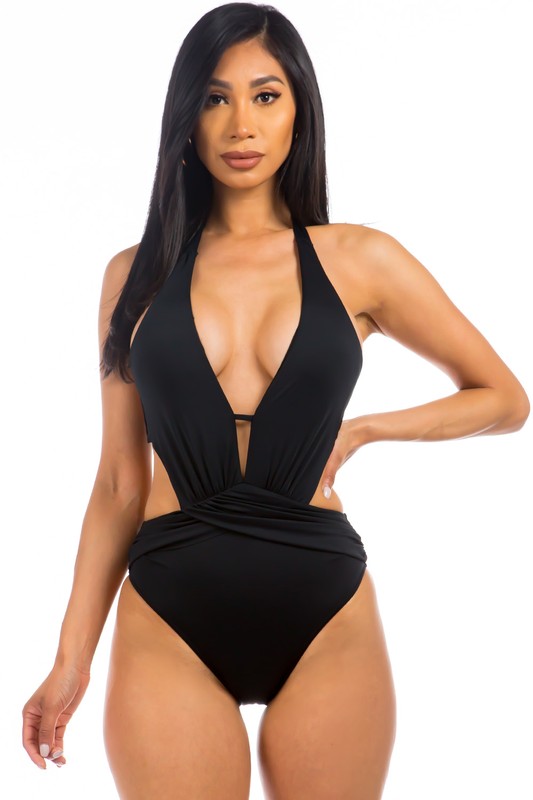 One piece Swimwear Pleated Waist and Side Cutout